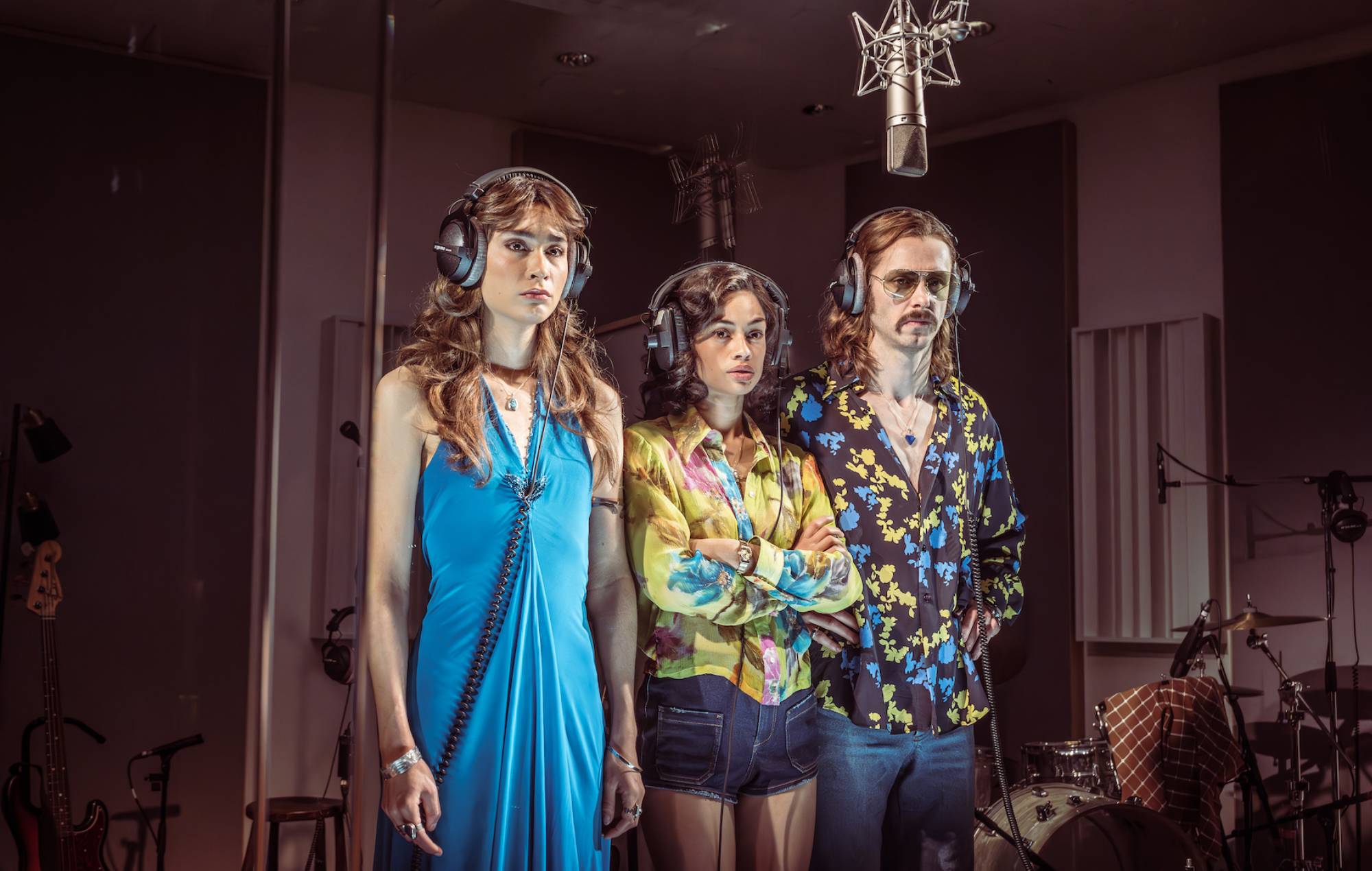 The cast of 'Stereophonic': Lucy Karczewski, Nia Towle, Jack Riddiford. Credit: Marc Brenner