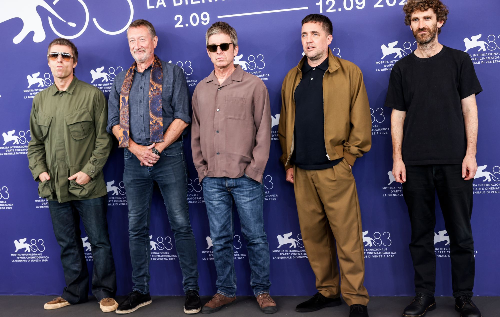 Steven Knight, Liam Gallagher, Dylan Southern, Noel Gallagher, Will Lovelace attend the 'Oasis: Don't Look Back in Anger' photocall at the Venice International Film Festival 2026 (Photo by Alessandra Benedetti - Corbis/Corbis via Getty Images)