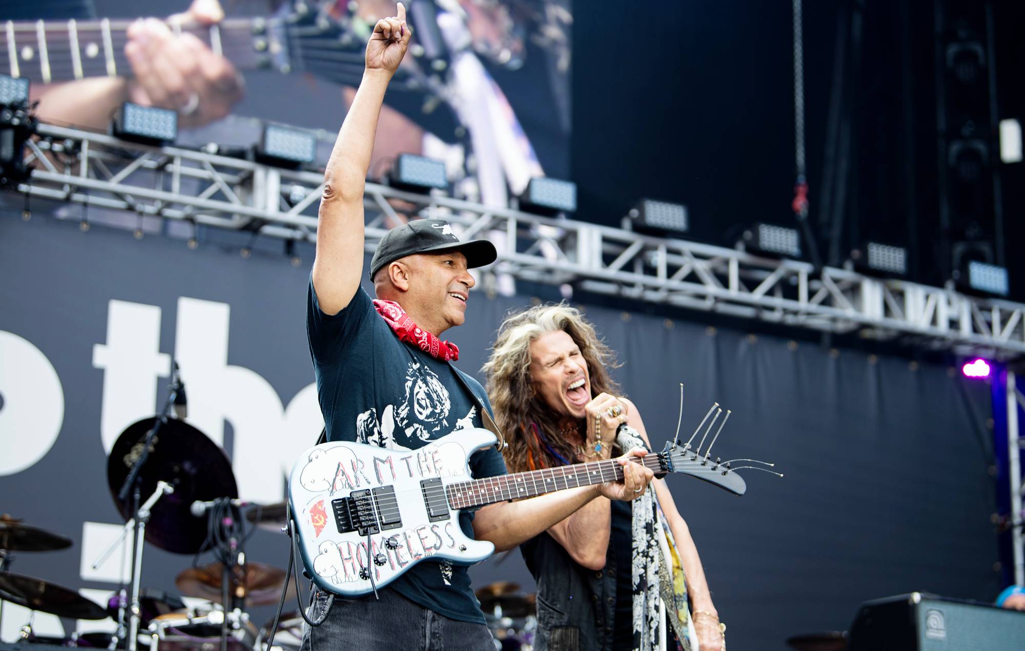 Tom Morello and Steven Tyler perform at Black Sabbath's 'Back To The Beginning' in Birmingham. Credit: Ross Halfin