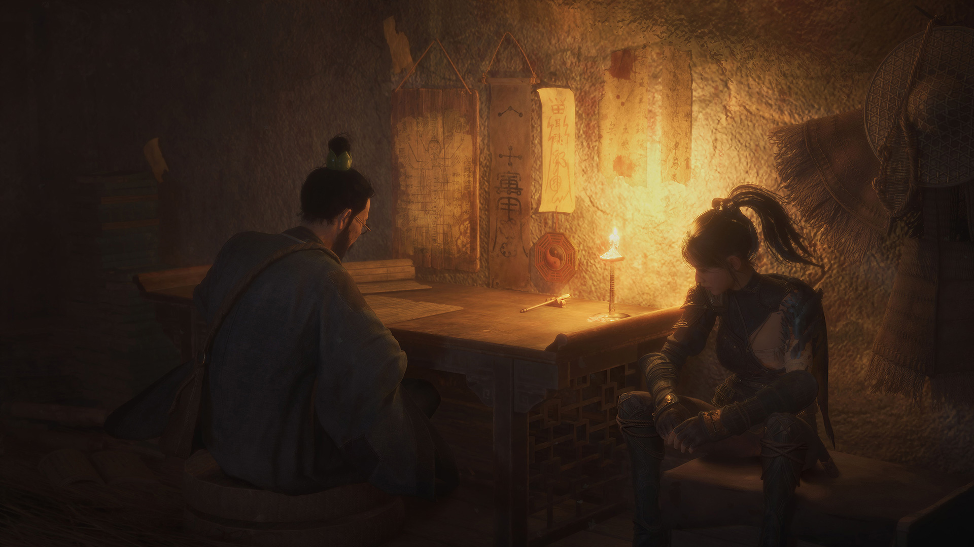 Wuchang Fallen Feathers Multiplayer: Wuchang and a person can be seen sitting at a table